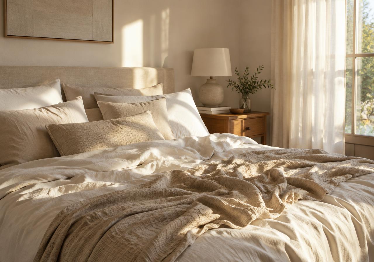 Chambre baignée de lumière douce au réveil, lit en lin légèrement défait